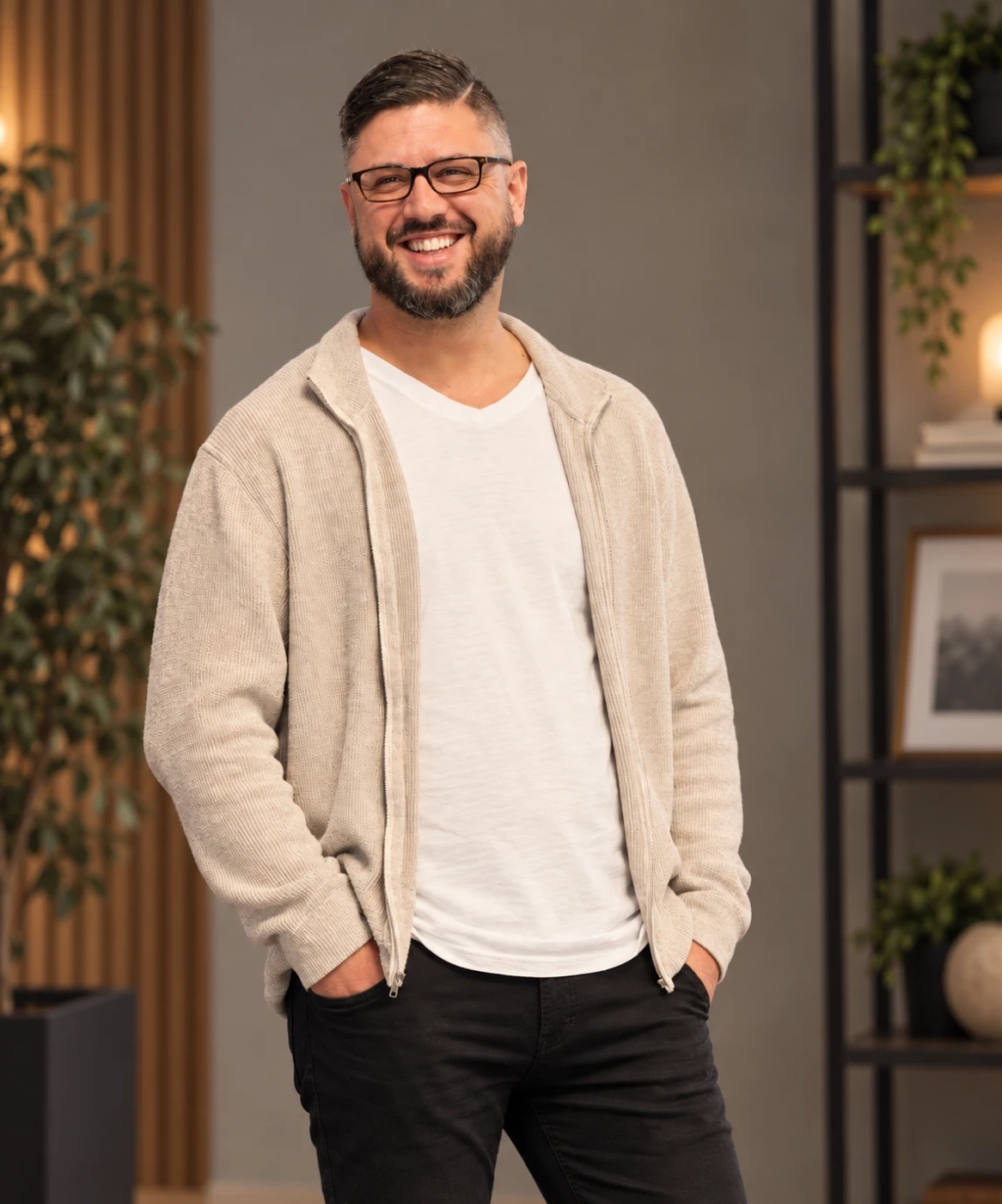 Dan Peters smiling, wearing glasses and a cream cardigan.